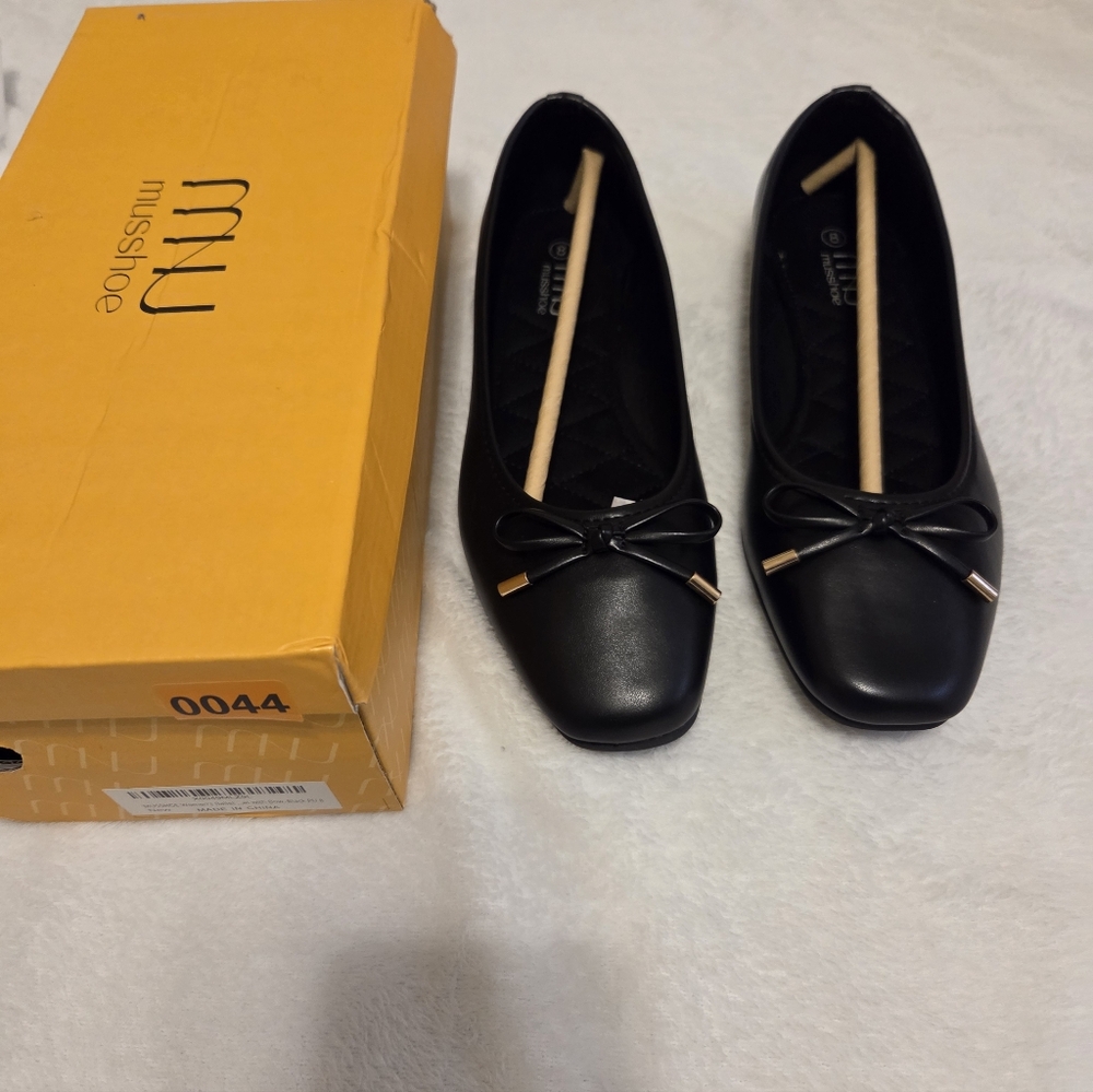 Miusshoe Black Leather Ballet Flats with Bow
